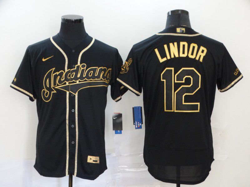 Men Cleveland Indians 12 Lindor Black Nike Elite MLB Jerseys